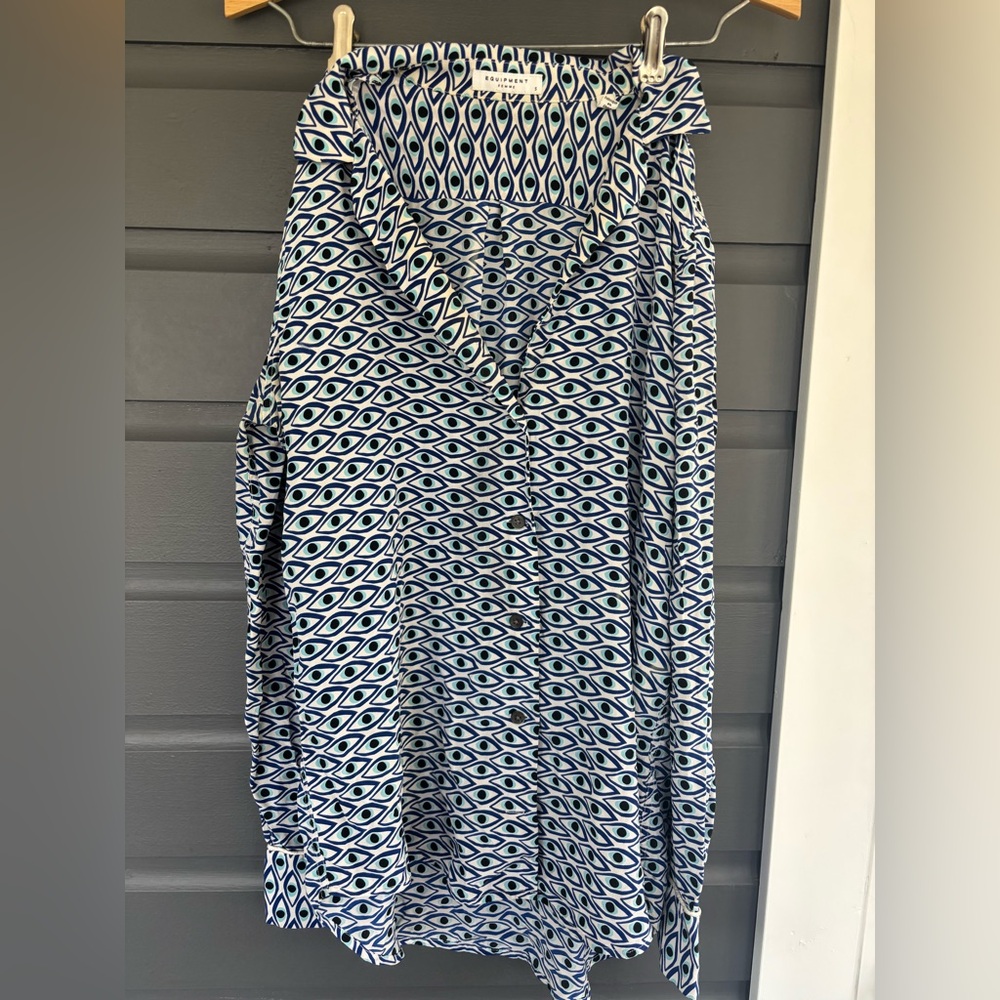 Equipment silk white blue and black evil eye long sleeve button down size small